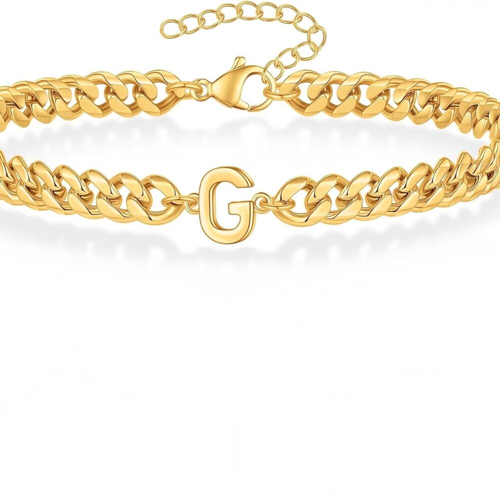 Gold Initial Bracelets for Men, 18K Gold Plated Cuban Link Chain Adjustable Char